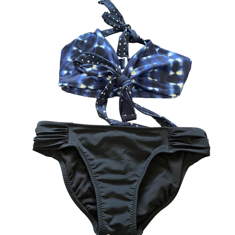 Athleta Bikini Set 32 D/DD Blue Wrap Top Black Small Bikini Bottoms